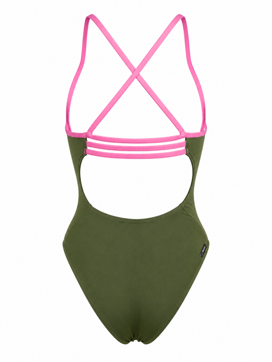 Green swimsuit with pink straps on a white background