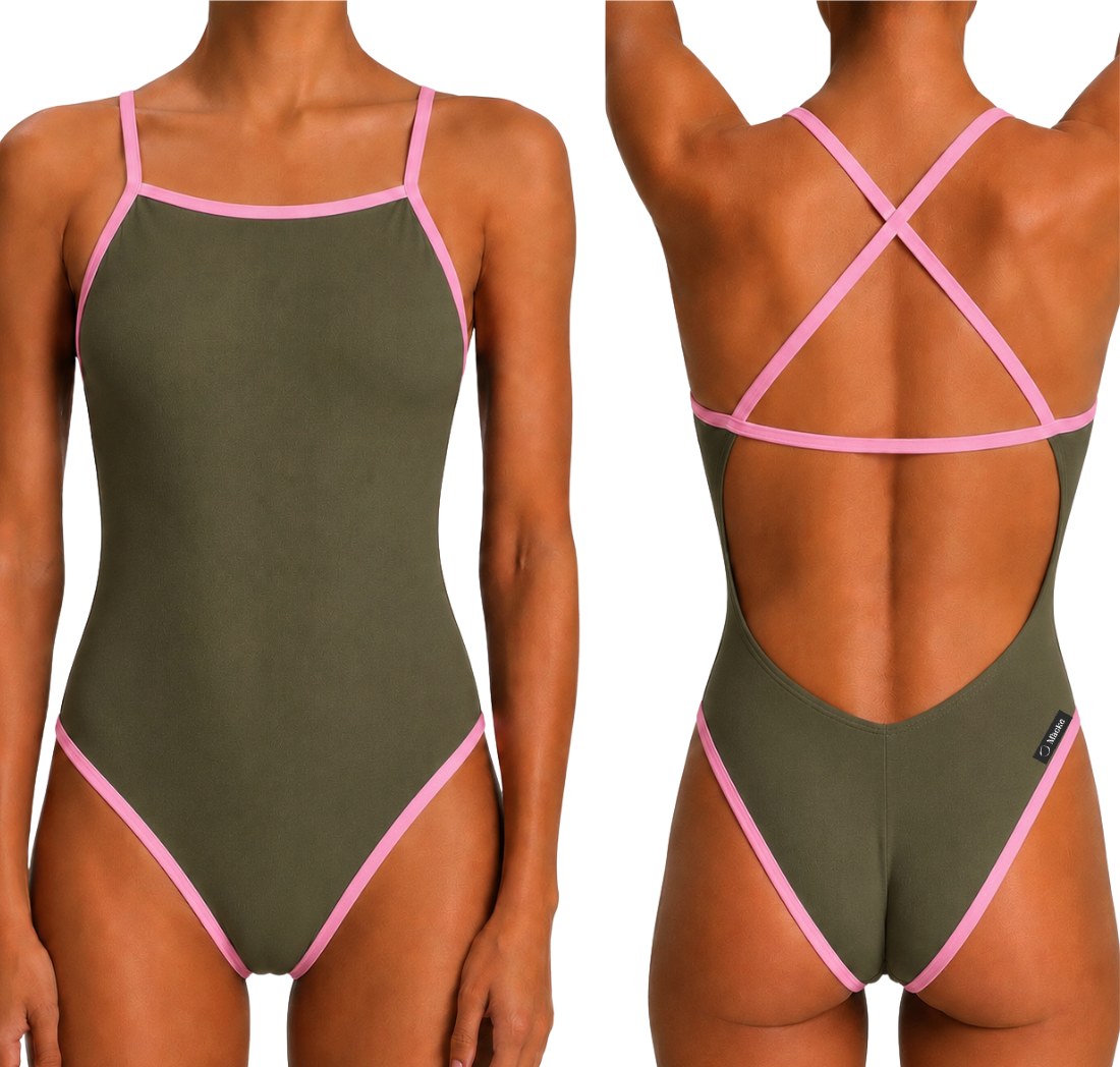 Front and back views of a women's one-piece swimsuit in olive green with bright pink trim and strappy back detailing, shown on a model against a white background.