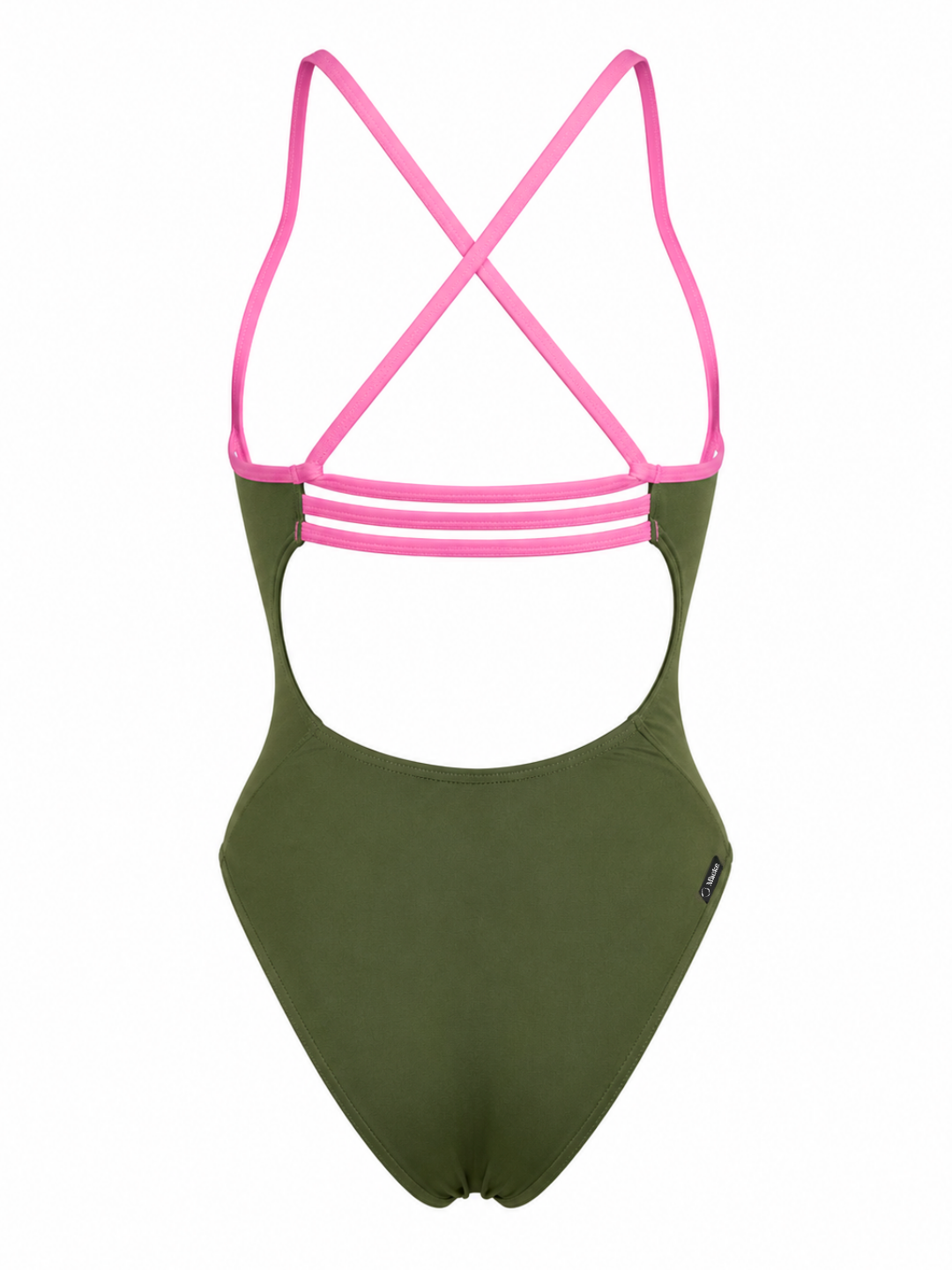 Green swimsuit with pink straps on a white background