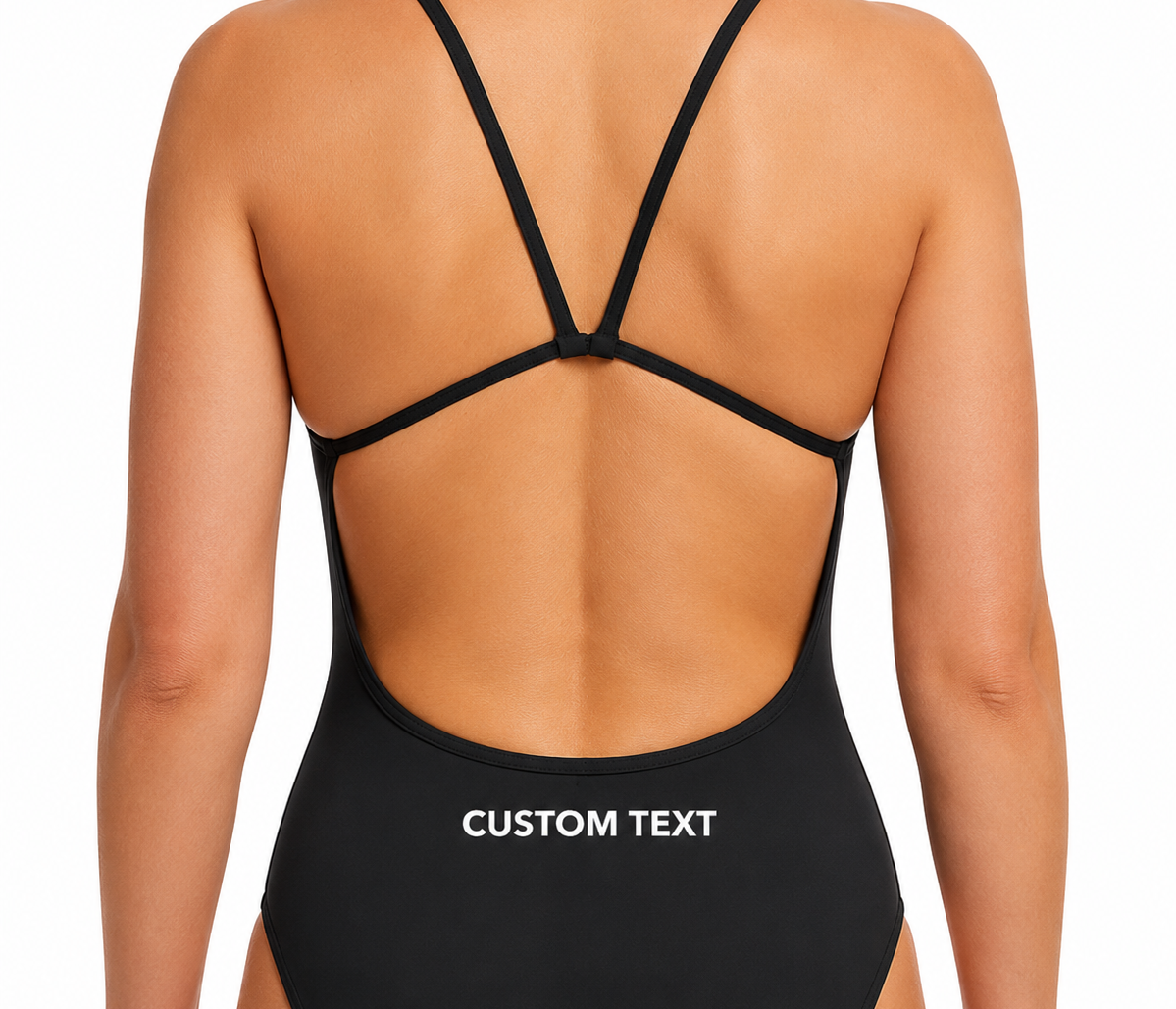 Back view of a black one-piece swimsuit on a model, featuring thin crisscross shoulder straps and a large open back. White text on the swimsuit reads 'CUSTOM TEXT'.